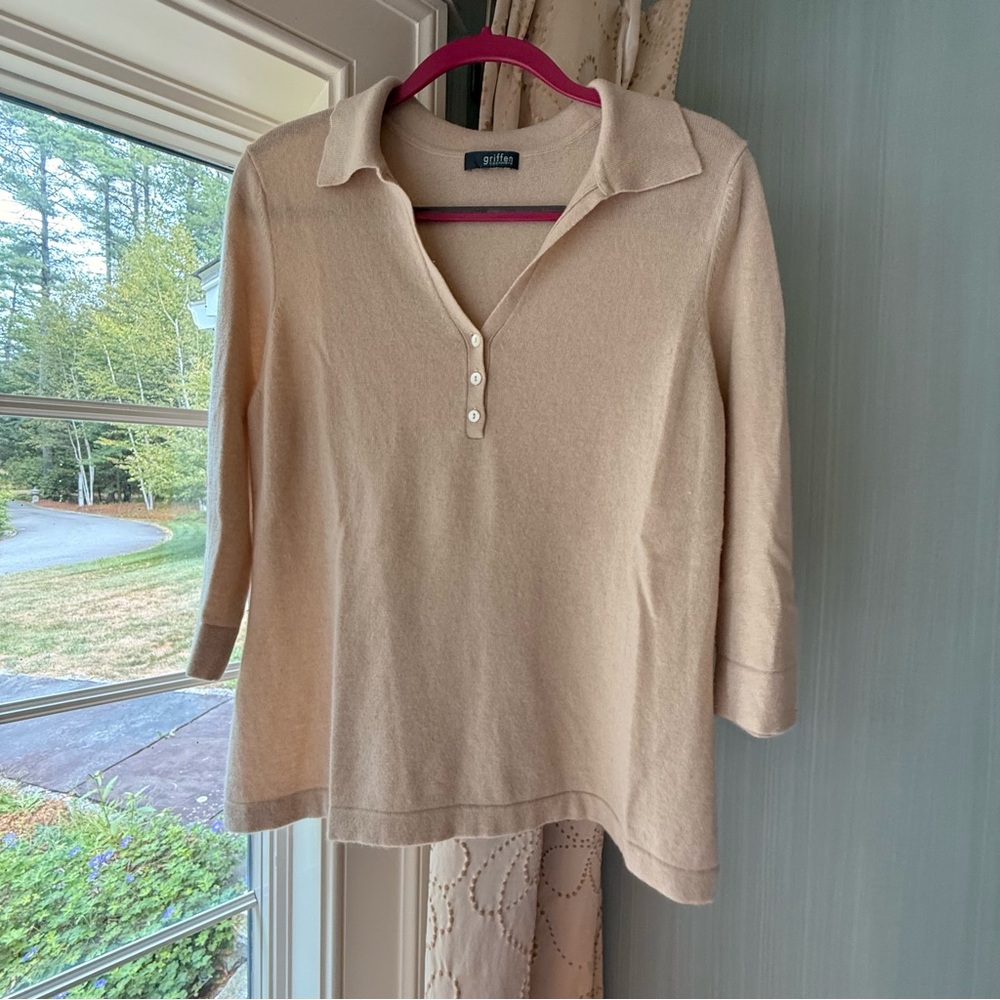 Griffin Creamy Beige V-Neck Women's Cashmere Shirt with Collar and Buttons